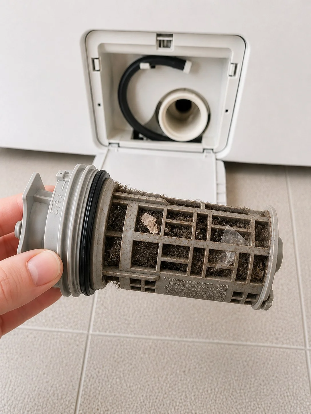 Drain pump filter cartridge held in front of the open access panel, its mesh packed with grey lint and fibre