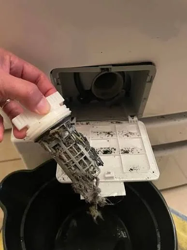 Drain pump filter cartridge lifted from the open access panel, thick grey lint hanging from it over a bucket