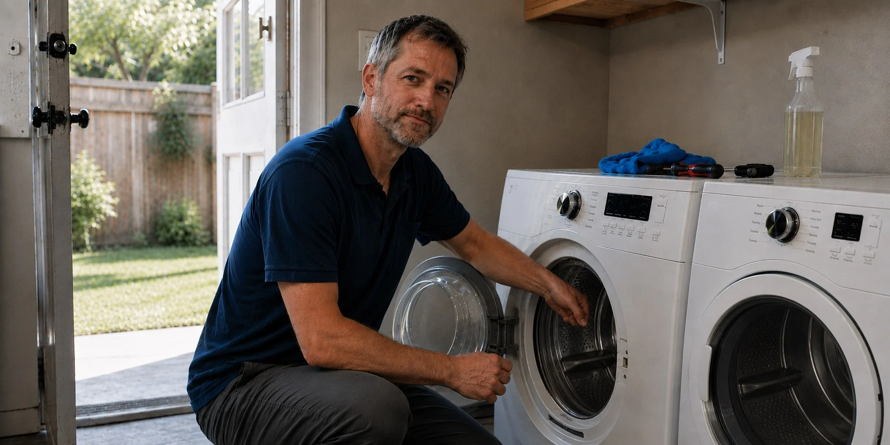 A man in a navy polo kneeling beside an open front-load washer in a laundry room, screwdrivers and a spray bottle on the machine