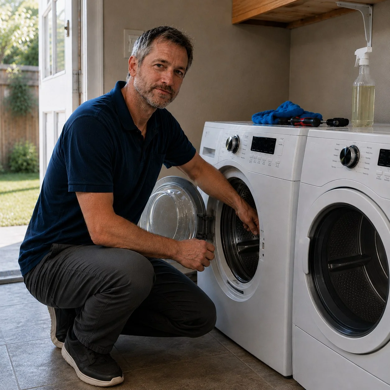 A man in a navy polo kneeling beside an open front-load washer in a laundry room, screwdrivers and a spray bottle on top of the machine