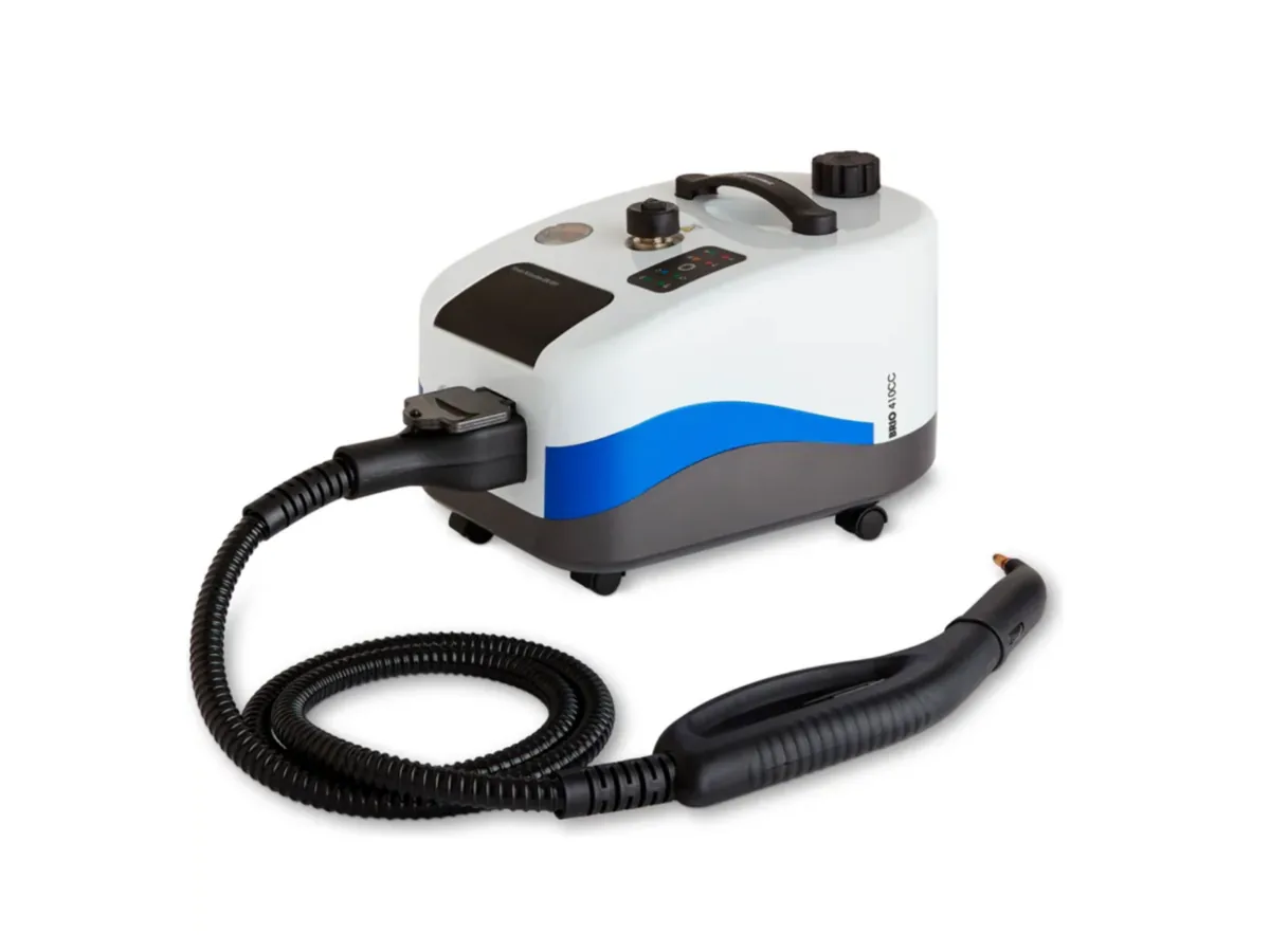 Commercial steam cleaner unit with hose and steel steam wand, the machine brought to every job